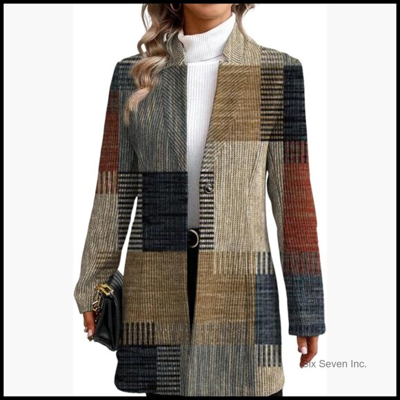 Long Blazer Jacket Open Front Loose Fit Polyester Blend Work Casual